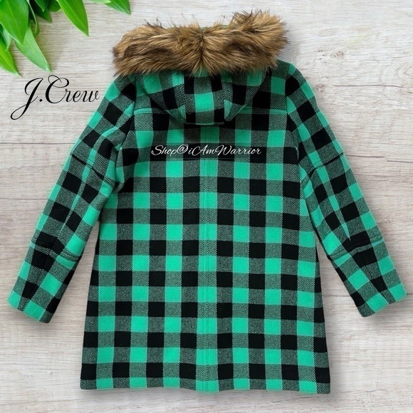 J.Crew NWT green/black buffalo plaid faux fur hooded parka *shop@iamwarrior - Picture 4 of 10